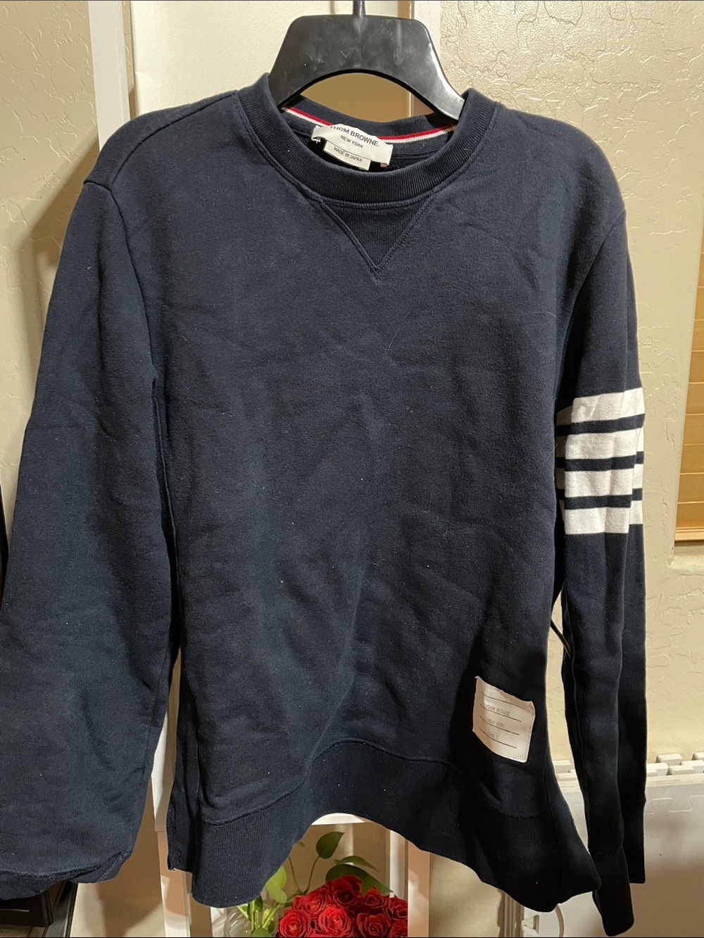 Thom Browne Classic Navy Crewneck Sweatshirt with Sleeve Stripe